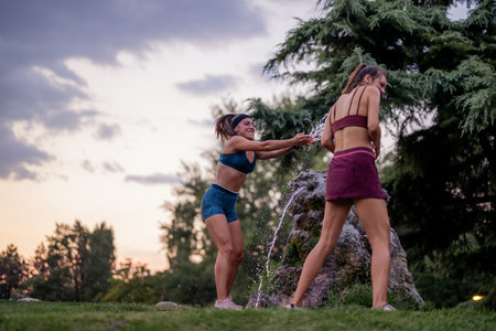 Fit, athletic women having fun outdoors, playing and splashing water. Exercising, laughing, enjoying a healthy and active lifestyle.の写真素材
