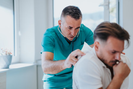 A senior pulmonologist cares for a young male patient, checking lungs, examining his health and discussing treatment options.の写真素材