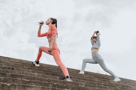 A group of fit girls workout outdoors in a city park, inspiring each other to stay active and healthy.の写真素材