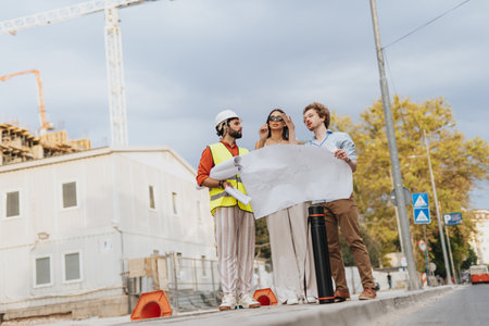 Adult architects and engineers discussing a new project outdoors. They review blueprints, analyze costs, and plan for sustainable design.の写真素材