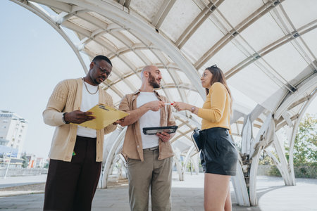 International group of business executives collaborate outdoors in the city, strategizing growth...