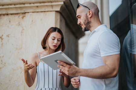 A young business team meets in a city area, discussing new projects and optimizing profitability. They work together, focused on success.の写真素材