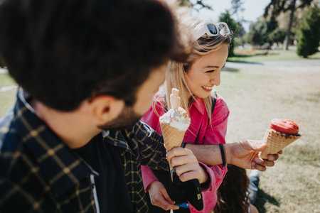 Happy friends enjoying nature, positive energy, and leisure activities on a sunny day while eating an ice cream.の写真素材