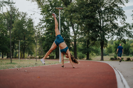 Fit girl in a green park perform impressive 360-degree cartwheels and flips, showcasing their...