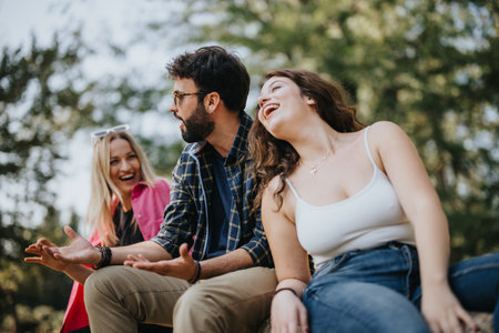 Carefree friends enjoying nature in a city park on a sunny day. They sit, relax, and have a fun...