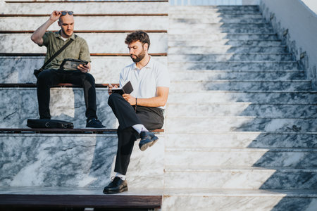 Successful Business Partners Discussing Project Details Outdoorsの写真素材