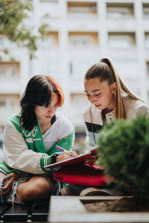 Two high school girls casually studying outdoors, helping each other with homework, and preparing for an exam.の写真素材