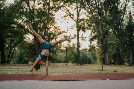 Flexibility and Strength in Nature: Girl Show Off Athletic Skills with 360 Degree Cartwheels