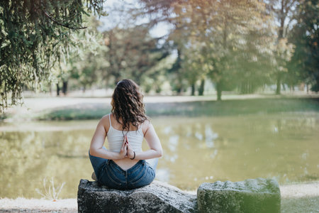 Back view shot of girl meditating sitting on a rock in the park near a lake.の写真素材