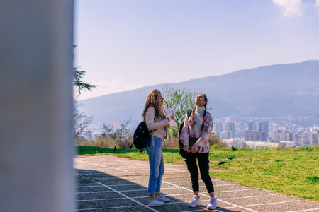 School girls breathing easily after heavy exam at schoolの写真素材
