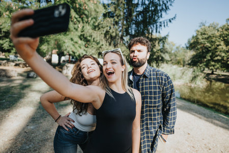 Three cheerful friends enjoy a sunny day in the park, surrounded by nature. They laugh, talk, and take a selfie, capturing their carefree bond.の写真素材