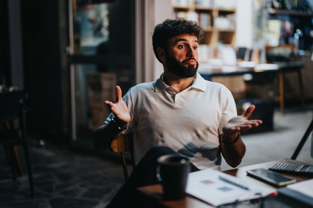 Young business partners discussing paperwork and reviewing project details in a casual indoor setting.の写真素材