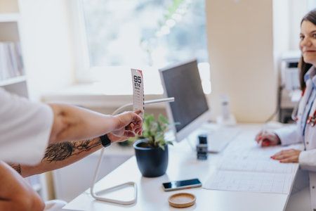 Doctor checking his young patient eyesight.の写真素材