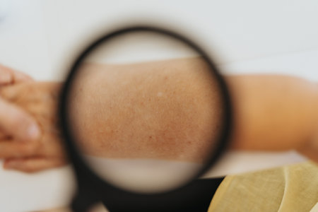 Doctor checking patient skin using magnifying glass. Close up photo.