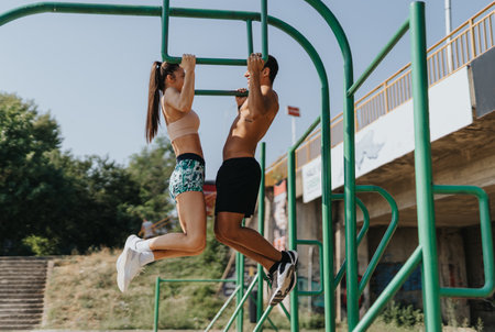 A couple does pull ups on metal bars in a park, staying active and persistent. They are fit, happy, and motivate each other in their outdoor workouts.の素材 [FY310216949487]