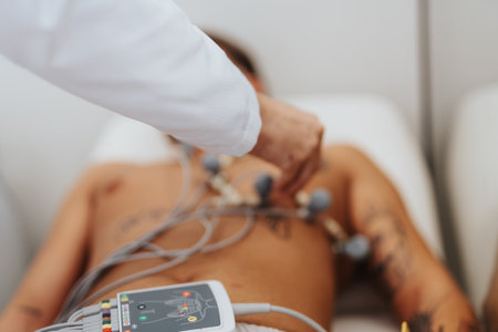 Cardiologist Consulting Patient and Analyzing Ecg Results in Indoor Clinic. Cardiologist Attaching ECG Sensors to Patient.の写真素材