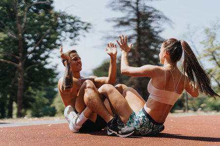 Active Couple Enjoying Outdoor Workout in the Park - Fitness and Motivationの写真素材