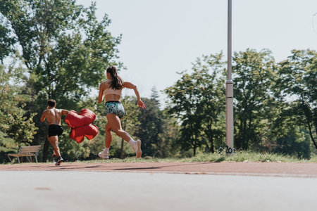 Summer Training. Active Caucasian Couple Running with Parachute in Sunny Park