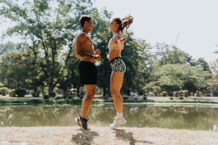 Active Caucasian Couple Exercising Outdoors: Friends Jumping Rope in Park for Fitness and Recreationの写真素材