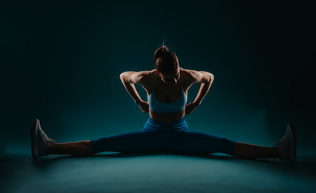 Confident Female Exercising in a Dark Studio: Achieving Fitness Goals with Powerful Muscles and Resultsの写真素材