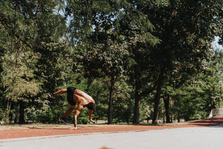 Active Caucasian Sports Male Person Practicing Cartwheel in Sunny Park