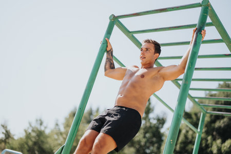 Friends Challenging Themselves with Outdoor Exercises in a Sunny Park