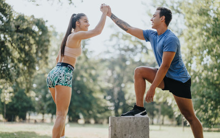 Outdoor Fitness, Friends Challenge Their Limits with Sunny Park Workoutの写真素材