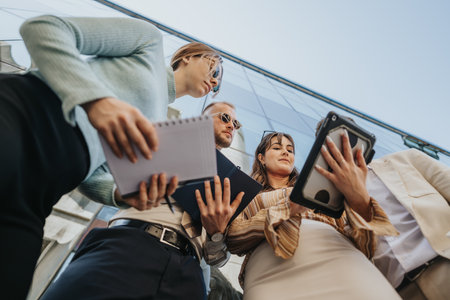 Business professionals collaborate, analyze market trends, and plan strategies for sustainable business expansion and profitability.の写真素材