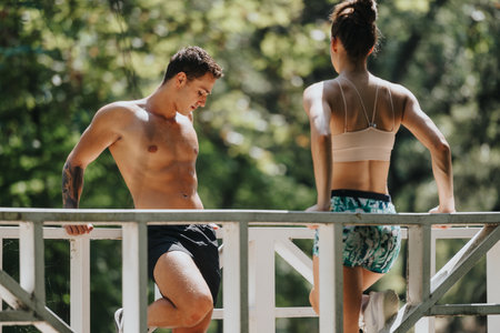 Caucasian couple performs outdoor workout in a sunny park. They challenge themselves, do exercises,...