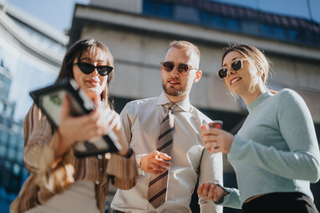 Corporate team discusses financial planning for business expansion and market analysis in the city. Start up group shares ideas for profitable project.の写真素材