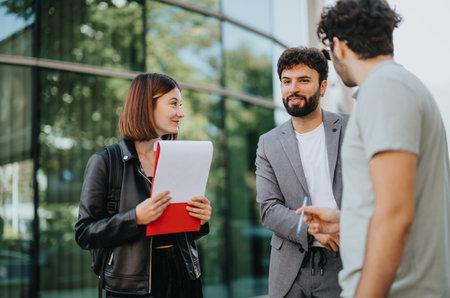 Business people discussing financial planning and investment risks in a vibrant city, focused on business growth and a successful sales strategy.の写真素材