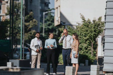 Businesspeople in urban setting strategize, create ideas, plan for financial growth, collaborate,...