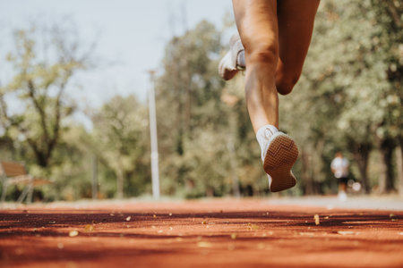 Caucasian female runner sprinting, training outdoors in the park, improving fitness levels for a race.の写真素材