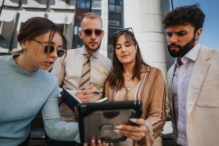 Small corporate team collaborates outdoors, discussing market trends, budget management, and product innovation for business expansion.の写真素材