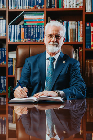 Experienced, confident university rector posing in a book-filled library. A successful academic leader overseeing the colleges operations.の写真素材