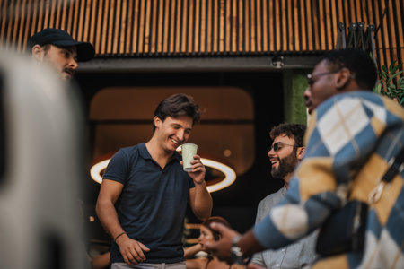 Confident workers gathered at table outdoors to discuss business. Diverse entrepreneurs focus on...