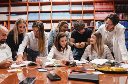 Group of students and their teacher working on a project in a libraryの写真素材