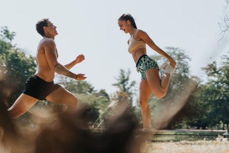 Friends Jumping Rope and Exercising Outdoors: a Positive and Fit Lifestyleの写真素材