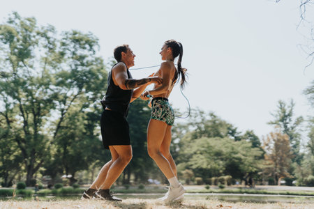 Active Friends Jumping Rope in a Sunny Park, Motivation for Fitness and Healthy Lifestyleの写真素材