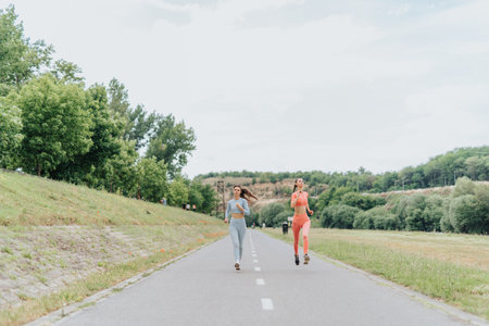 Active females engage in cardio exercises outdoors in the city park. They run, stretch, and train...