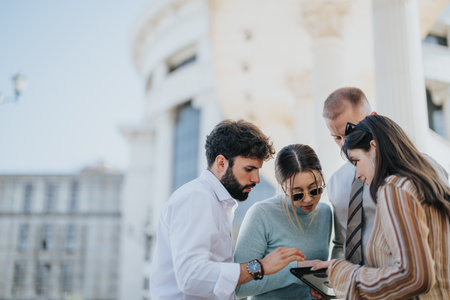 Business people working remotely in an urban outdoor setting, they focus on sustainable business expansion and profitable sales strategies.の写真素材
