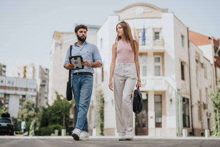 Young executives discuss business ideas in urban center. They plan market expansion, profit growth, and work outdoors.の写真素材