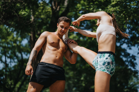 Caucasian couple actively exercises outdoors in a sunny park. They display a happy and persistent approach towards their fitness routine.の写真素材
