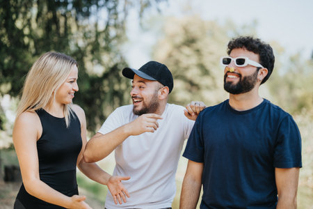 Carefree Friends Enjoying Nature in a City Parkの写真素材