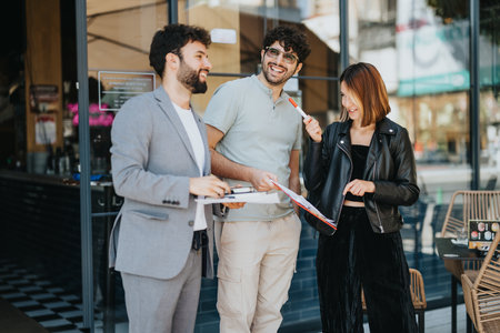 Business professionals in a dynamic urban setting collaborate, analyze budgets, and strategize for successful business expansion.の写真素材