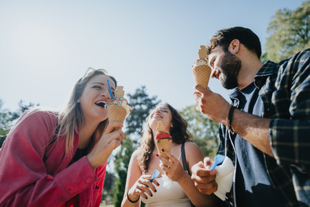 Carefree Autumn Day with Cheerful Friends, Enjoying Nature, Eating Ice Cream, and Socializing in a Green City Parkの写真素材