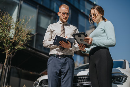 Diverse corporate team collaborates on business expansion project outdoors, discussing market trends, financial planning, and revenue growth.の写真素材