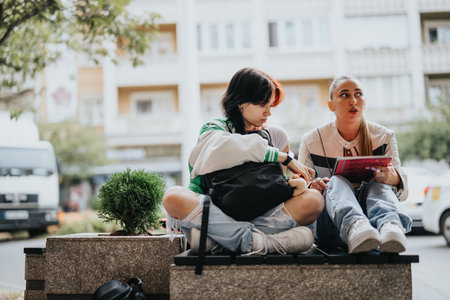 Two high school girls studying outdoors, casually dressed, discussing school subjects, helping each other with homework and preparing for an exam.の写真素材