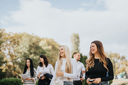 Group of University Students Collaborating and Sharing Knowledge Outdoors on a Sunny Dayの写真素材