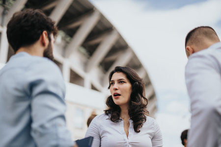 University students studying and discussing subject topics in a park. Collaborative teamwork, knowledge exchange, and preparation for exams.の写真素材